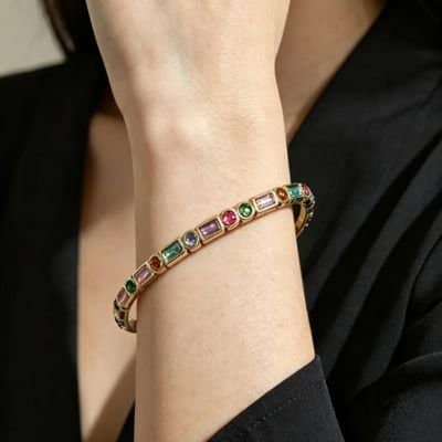 Bracelete aço inox dourado banhado ouro 18k com Pedras de zircônias coloridas