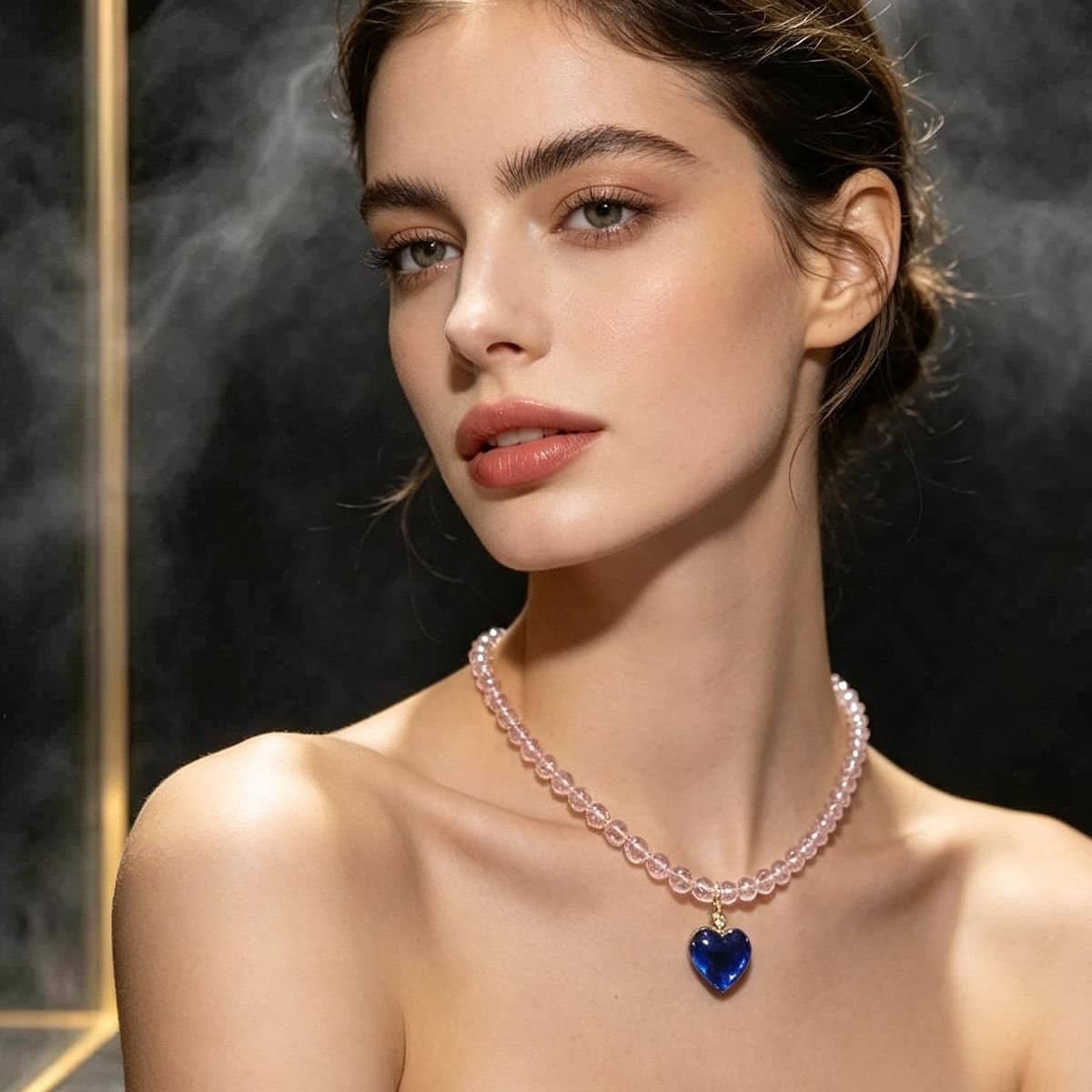 Colar feminino cristal rosa com pingente e fecho banhado a ouro 18k com pedra de zircônia azul 45cm + 5cm