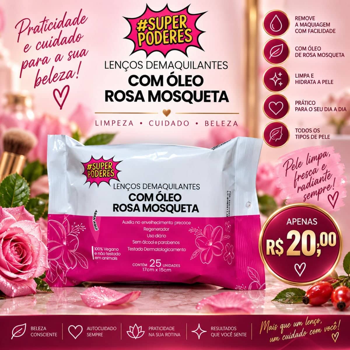 Lenço Demaquilante Rosa Mosqueta Super Poderes