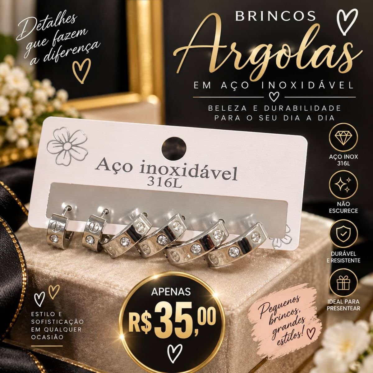 TRIO DE BRINCOS EM AÇO INOXIDÁVEL