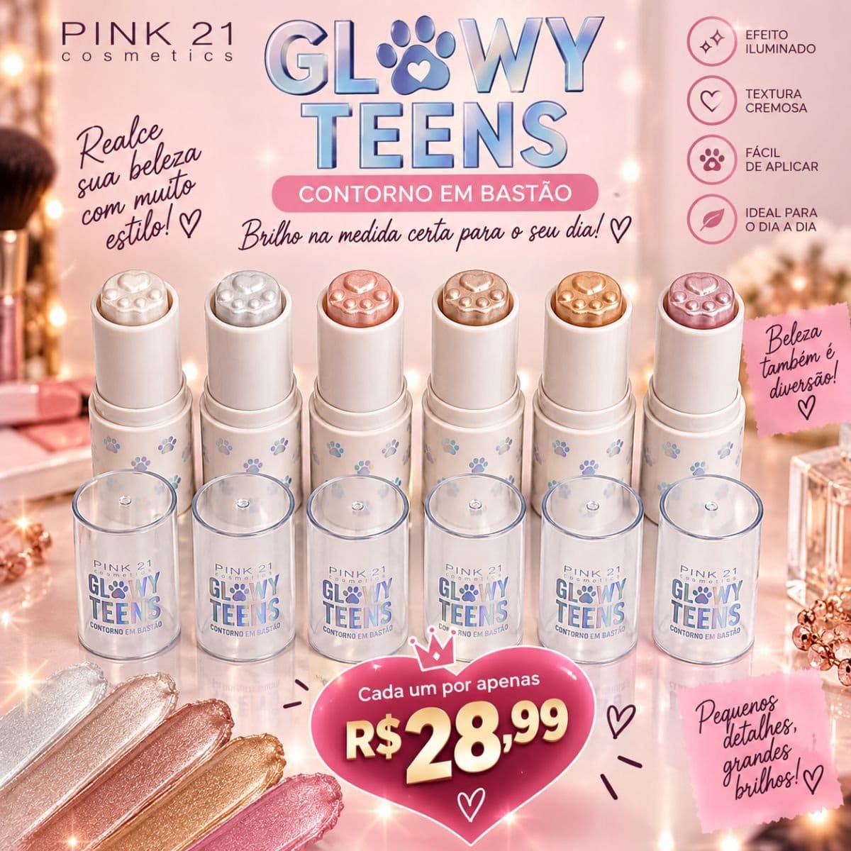 Iluminador Stick Glowy Teens da Pink 21 - Foto 1
