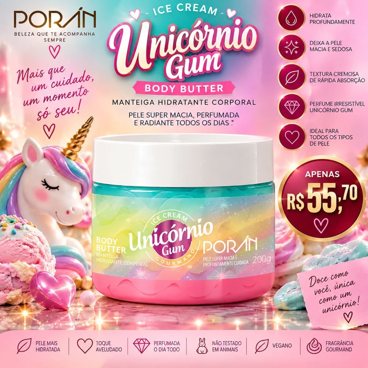 Body Butter Hidratante Corporal Unicórnio 200g Porán - Foto 1