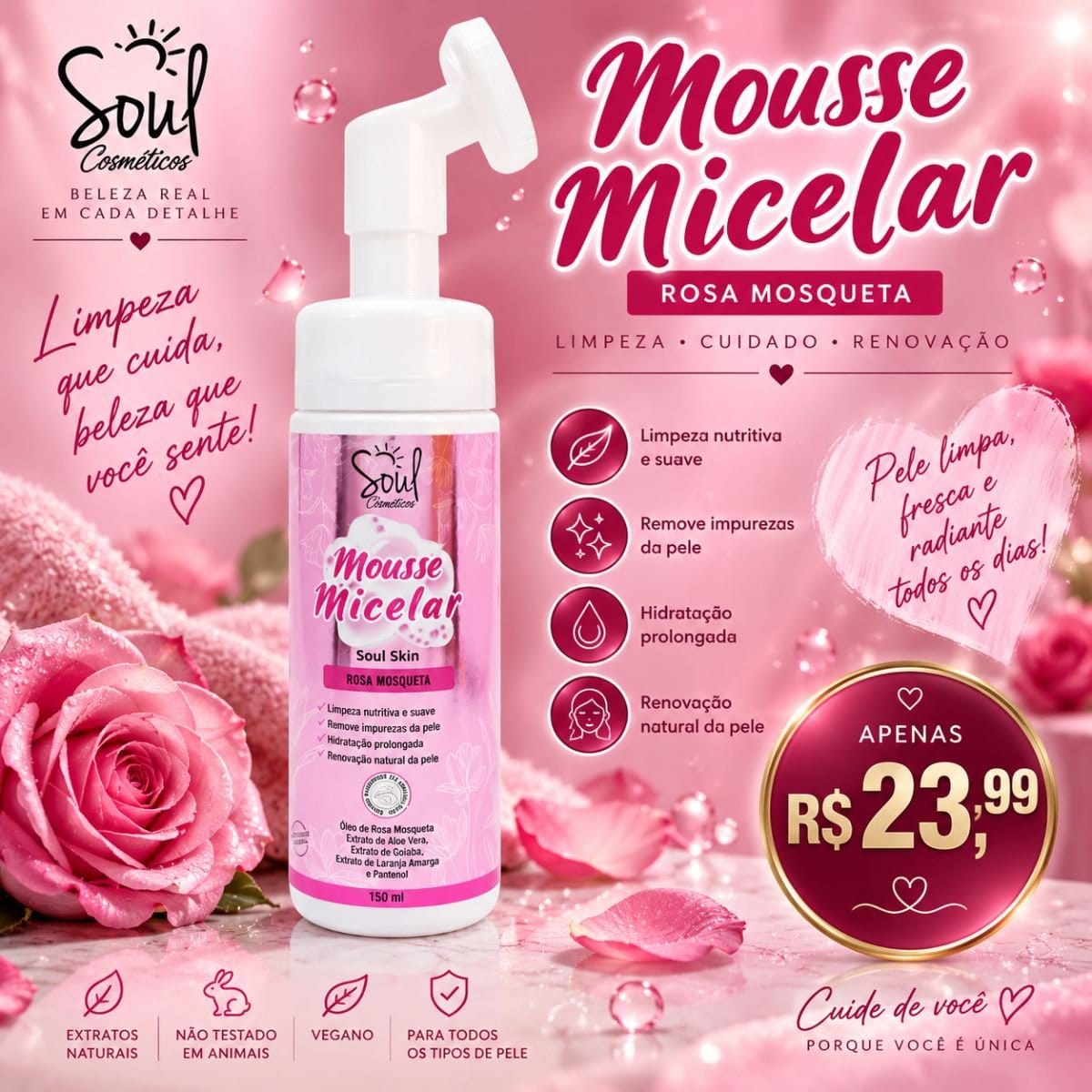 Mousse Micelar Rosa Mosqueta 150ml Soul - Foto 1