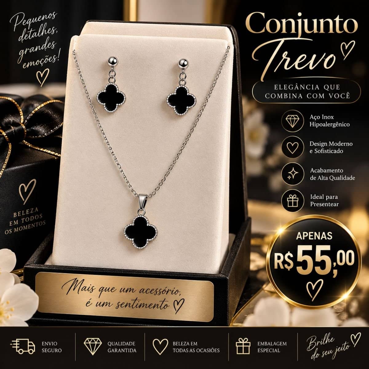 CONJUNTO TREVO PRETO (PINGENTE FOLHEADO)