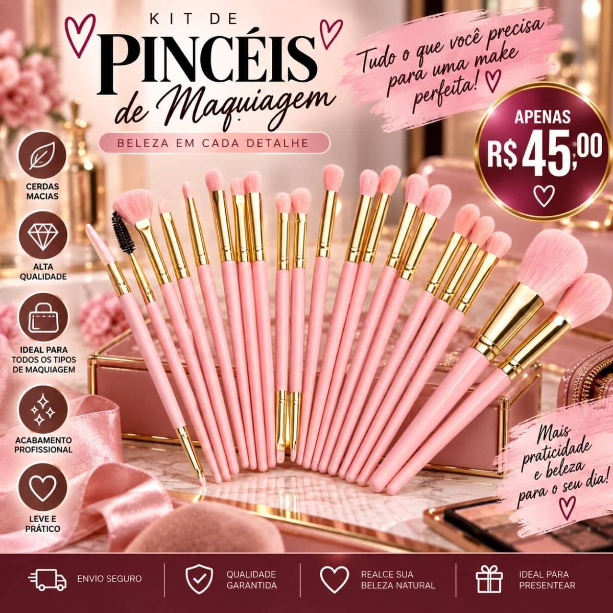 Kit de Pincéis de Maquiagem Rosa Milanimini – 20 Peças