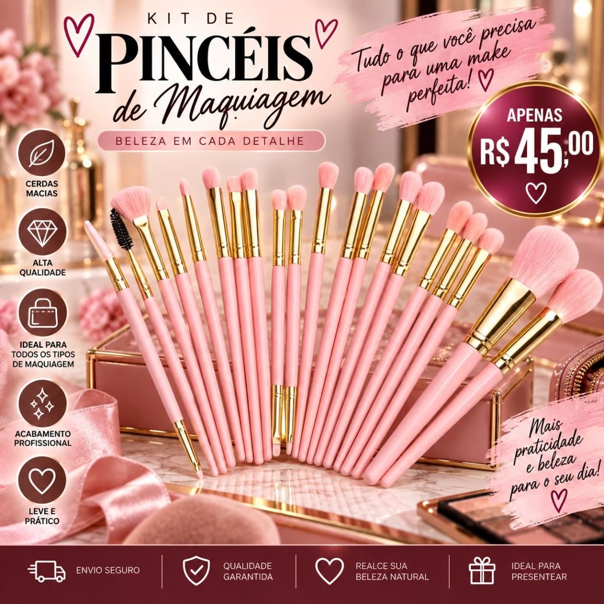 Kit de Pincéis de Maquiagem Rosa Milanimini – 20 Peças - Foto 1
