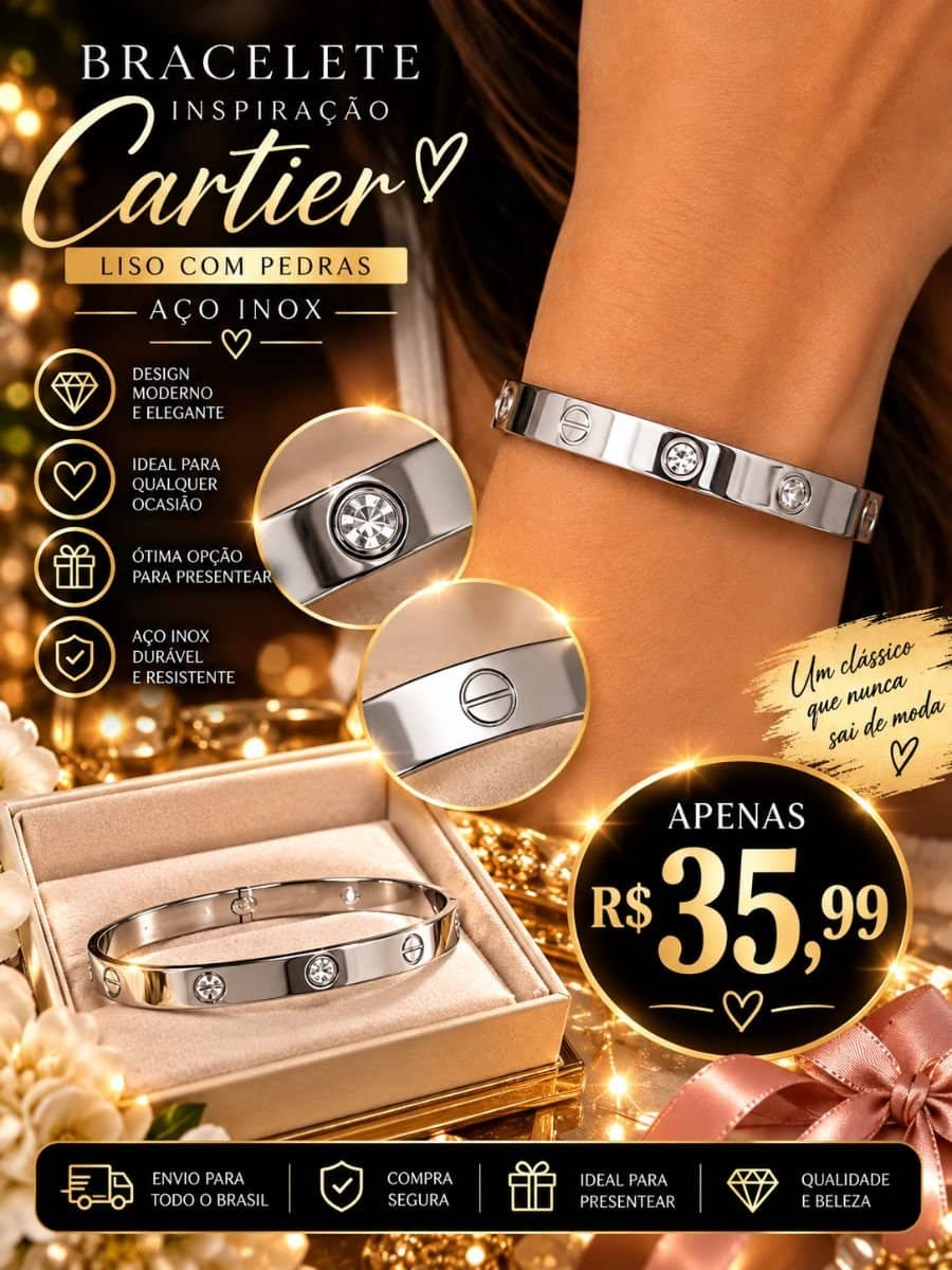 BRACELETE INSPIRAÇÃO CARTIER CRAVEJADO AÇO INOX