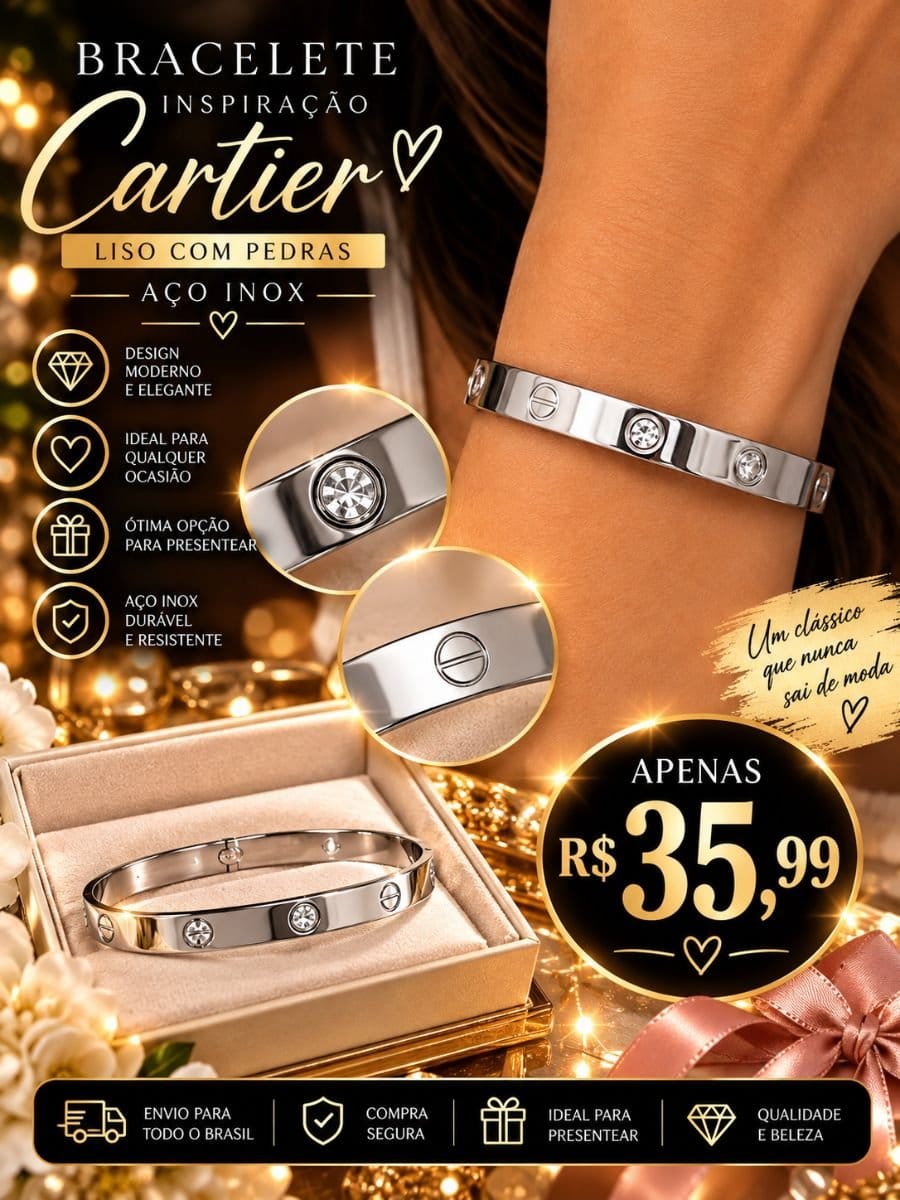 BRACELETE INSPIRAÇÃO CARTIER CRAVEJADO AÇO INOX - Foto 1