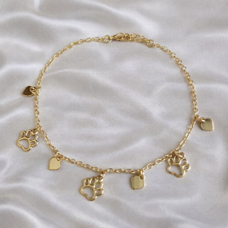 Pulseira Patinhas 4 Corações Pendurados