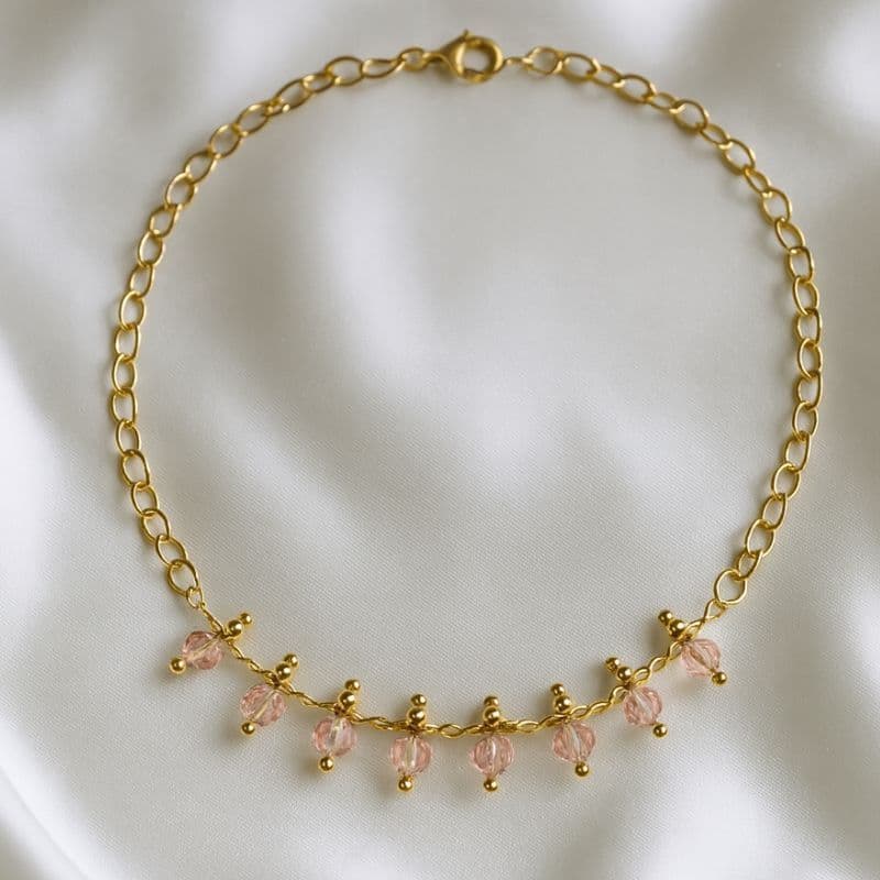 Pulseira Elo Coração Bolinhas Rosas Penduradas