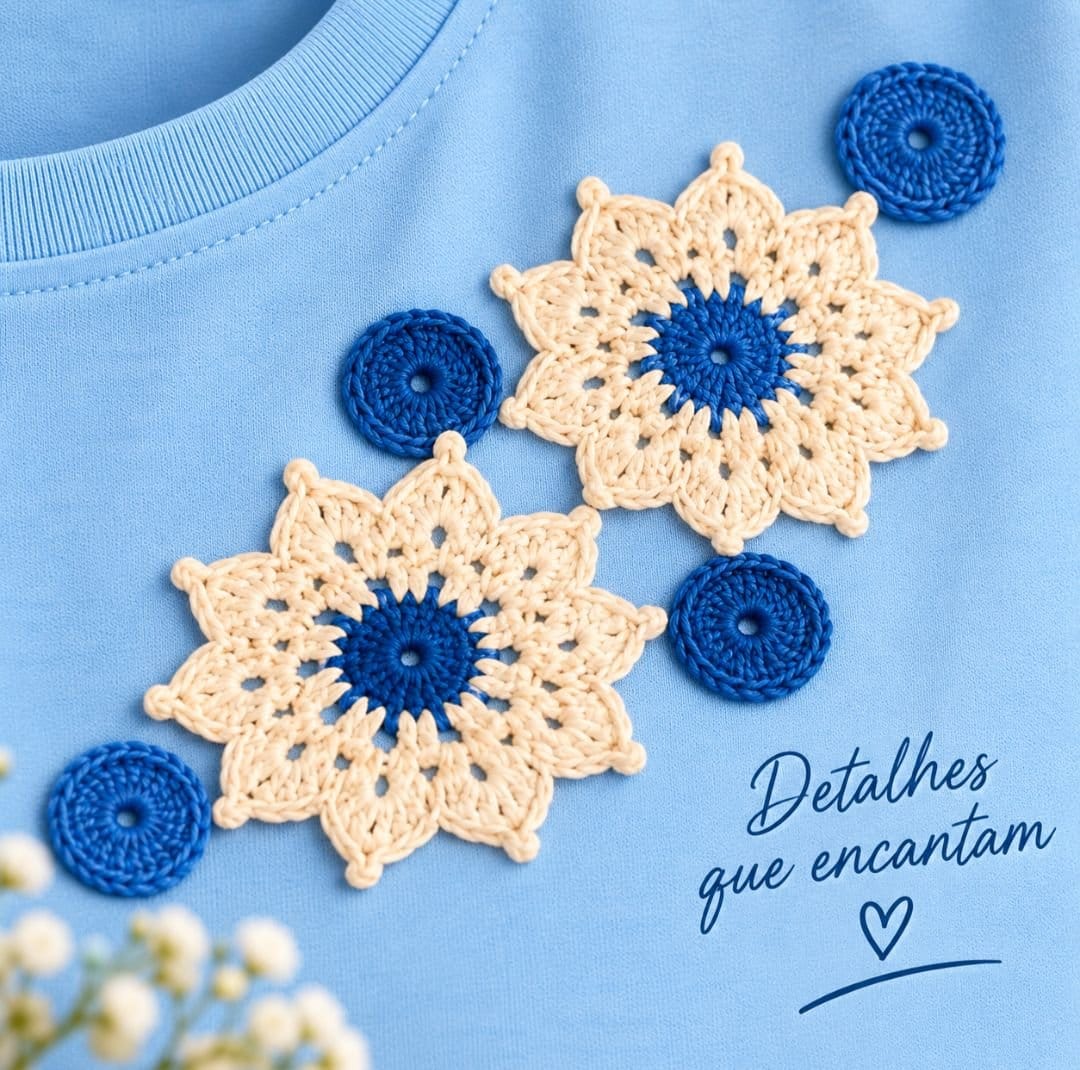 Camiseta Customizada - aplicação em crochê - Foto 2