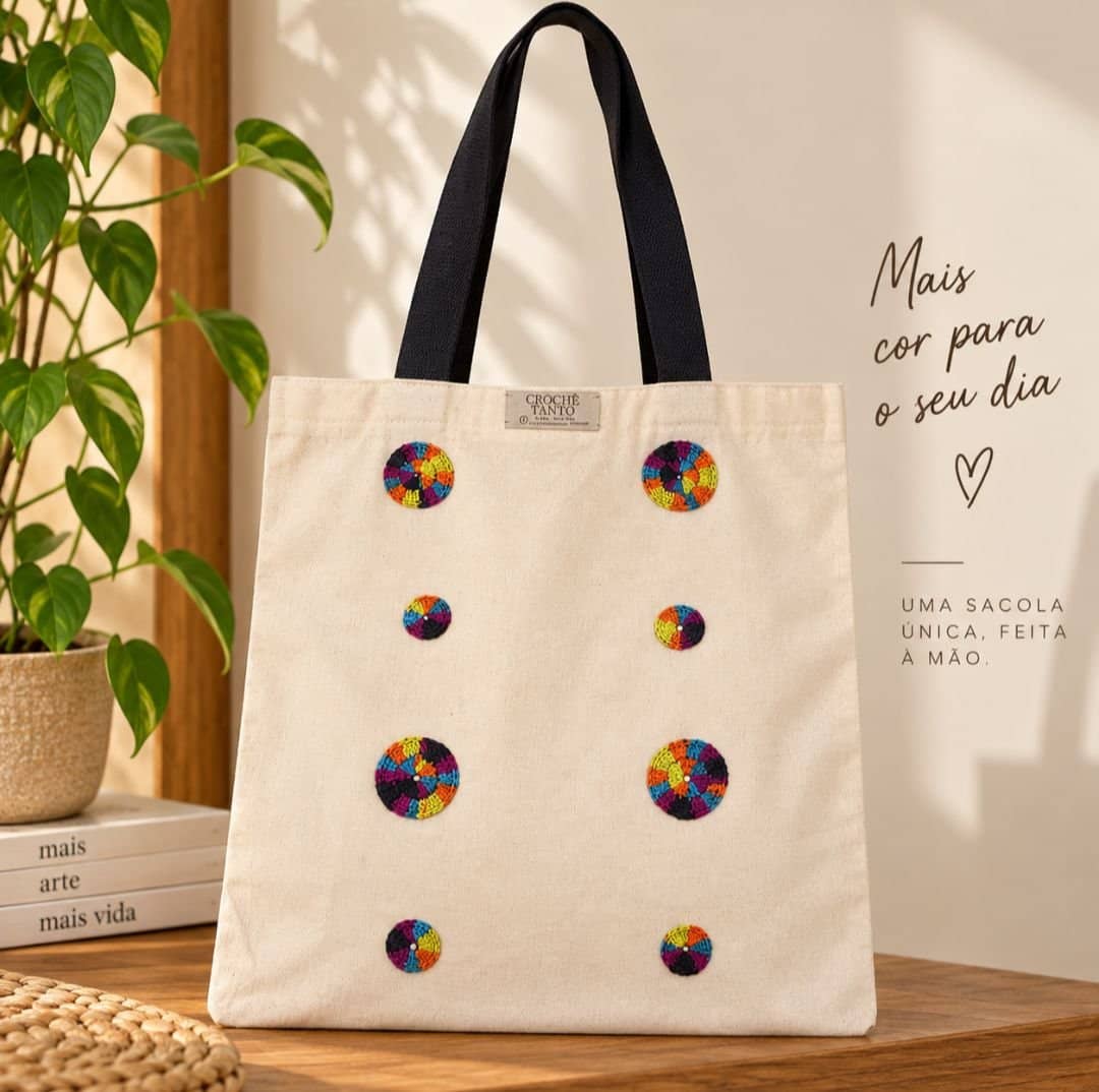 Ecobag com aplicação em crochê 30x40