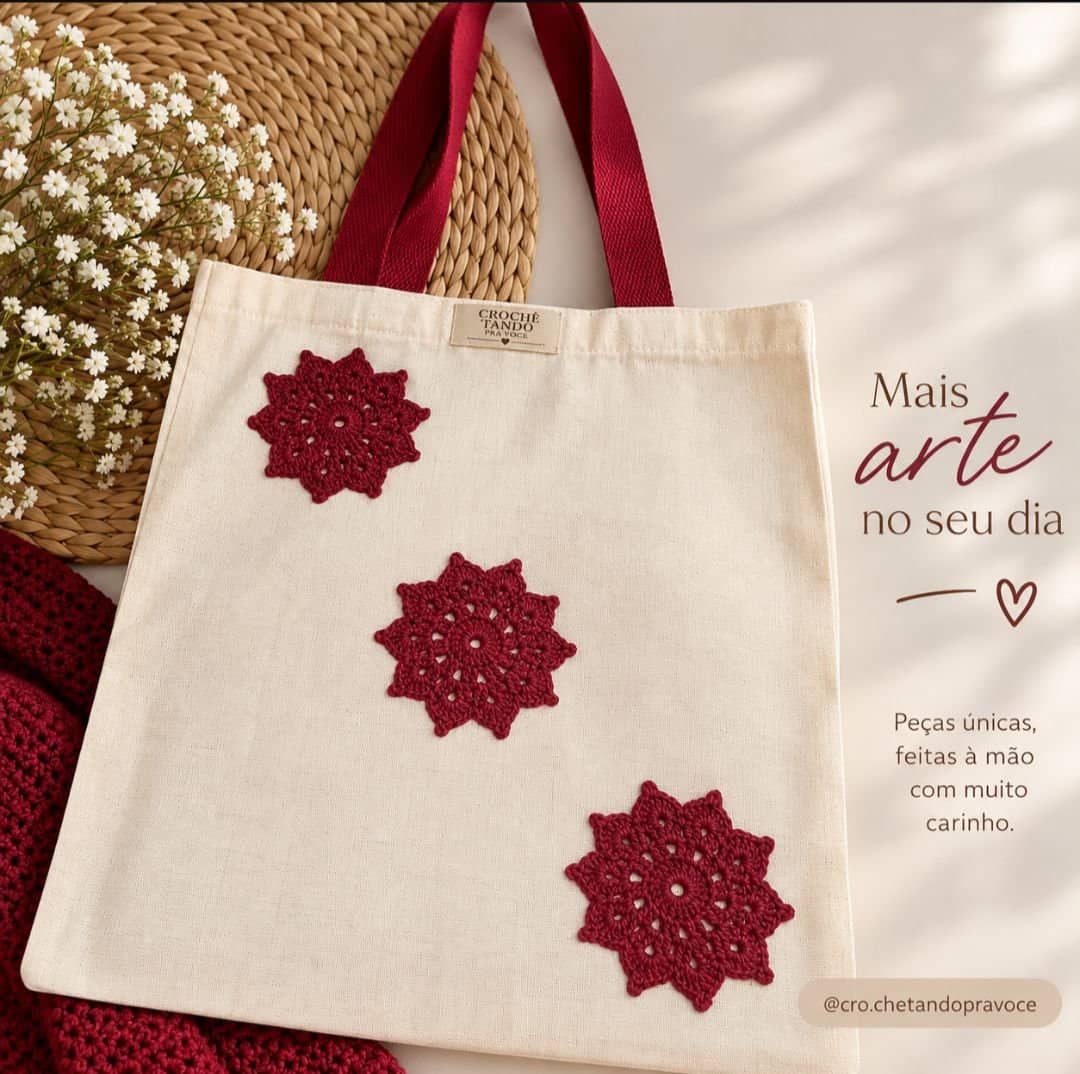 Ecobag com aplicação em crochê 30x40