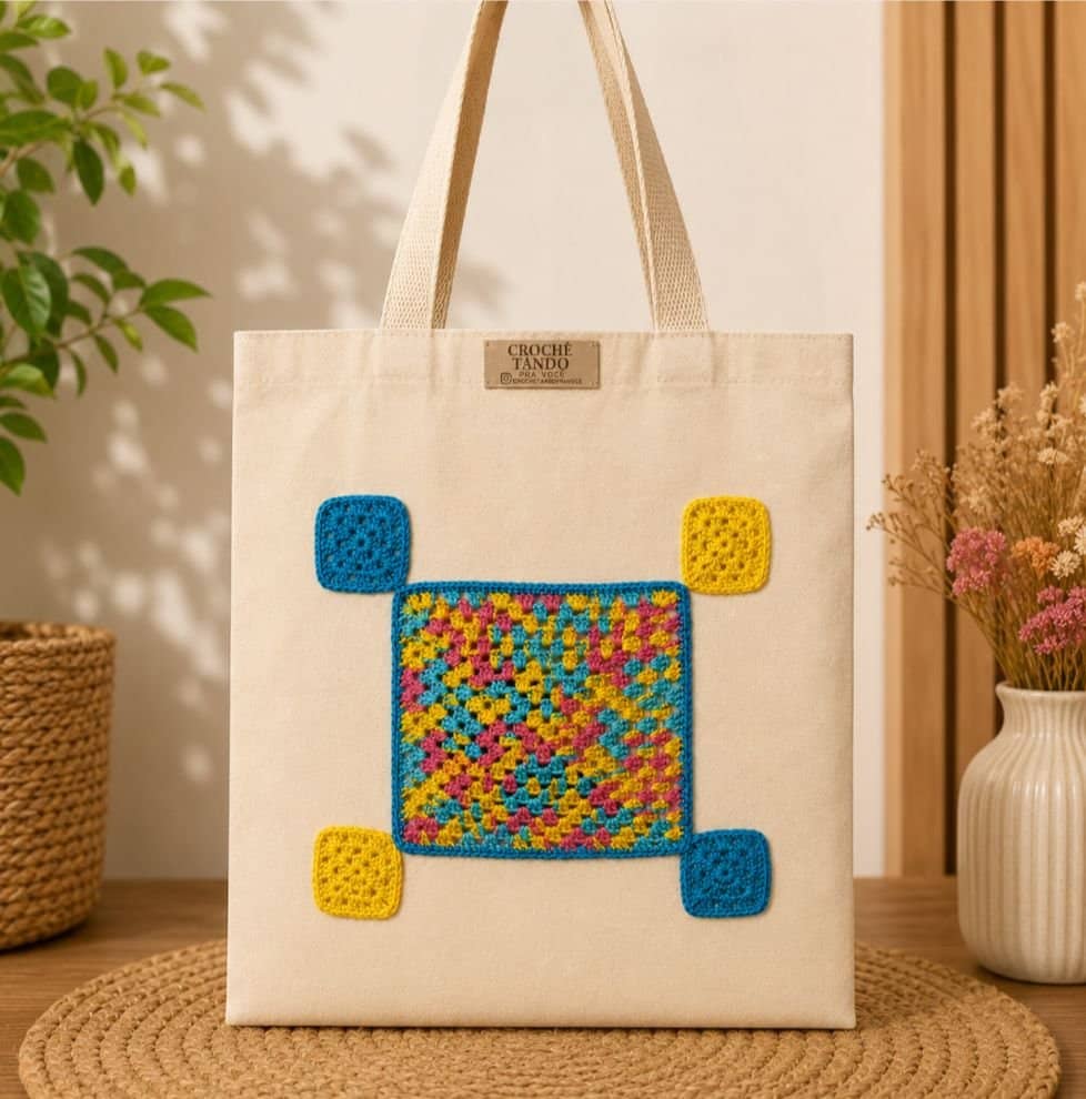 Ecobag com aplicação em crochê 35x50