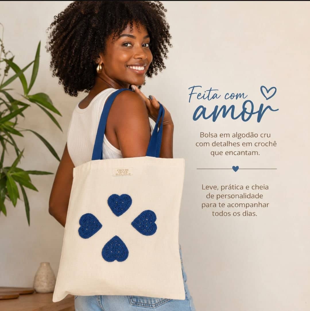 Ecobag com aplicação em crochê 30x40
