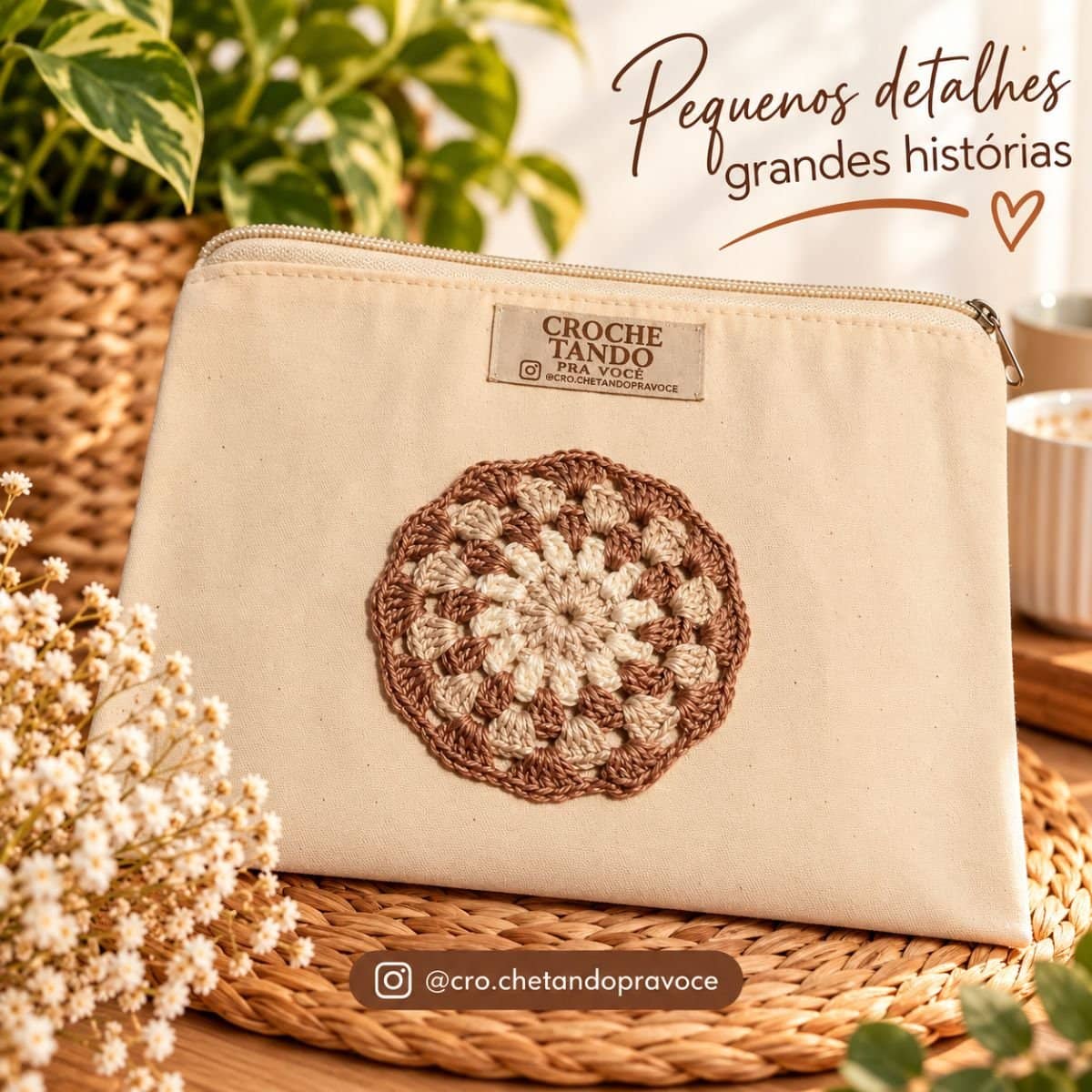 Necessaire 15x20 com aplicação em crochê