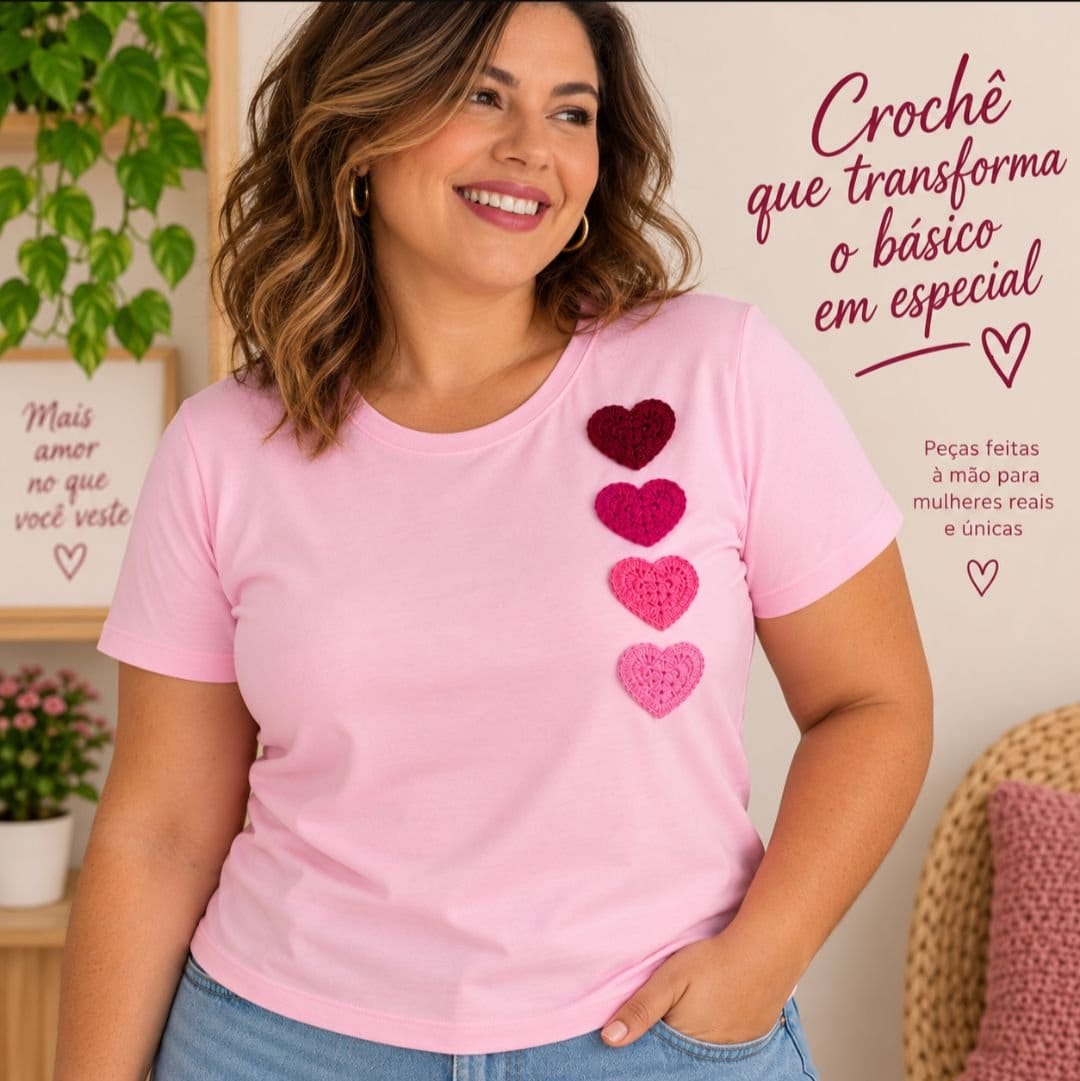 Camiseta Customizada - aplicação em crochê - Foto 3