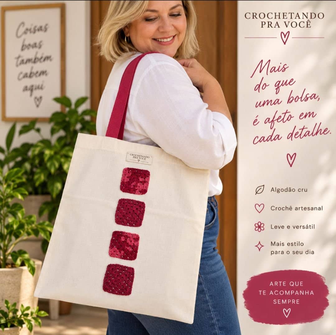 Ecobag com aplicação em crochê 30x40