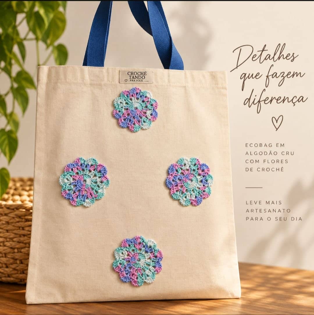 Ecobag com aplicação em crochê 30x40