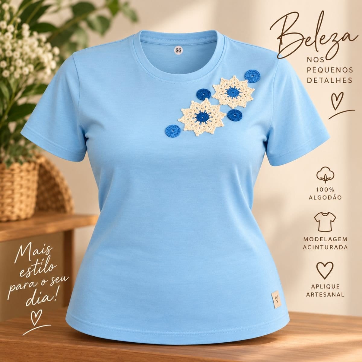 Camiseta Customizada - aplicação em crochê - Foto 3