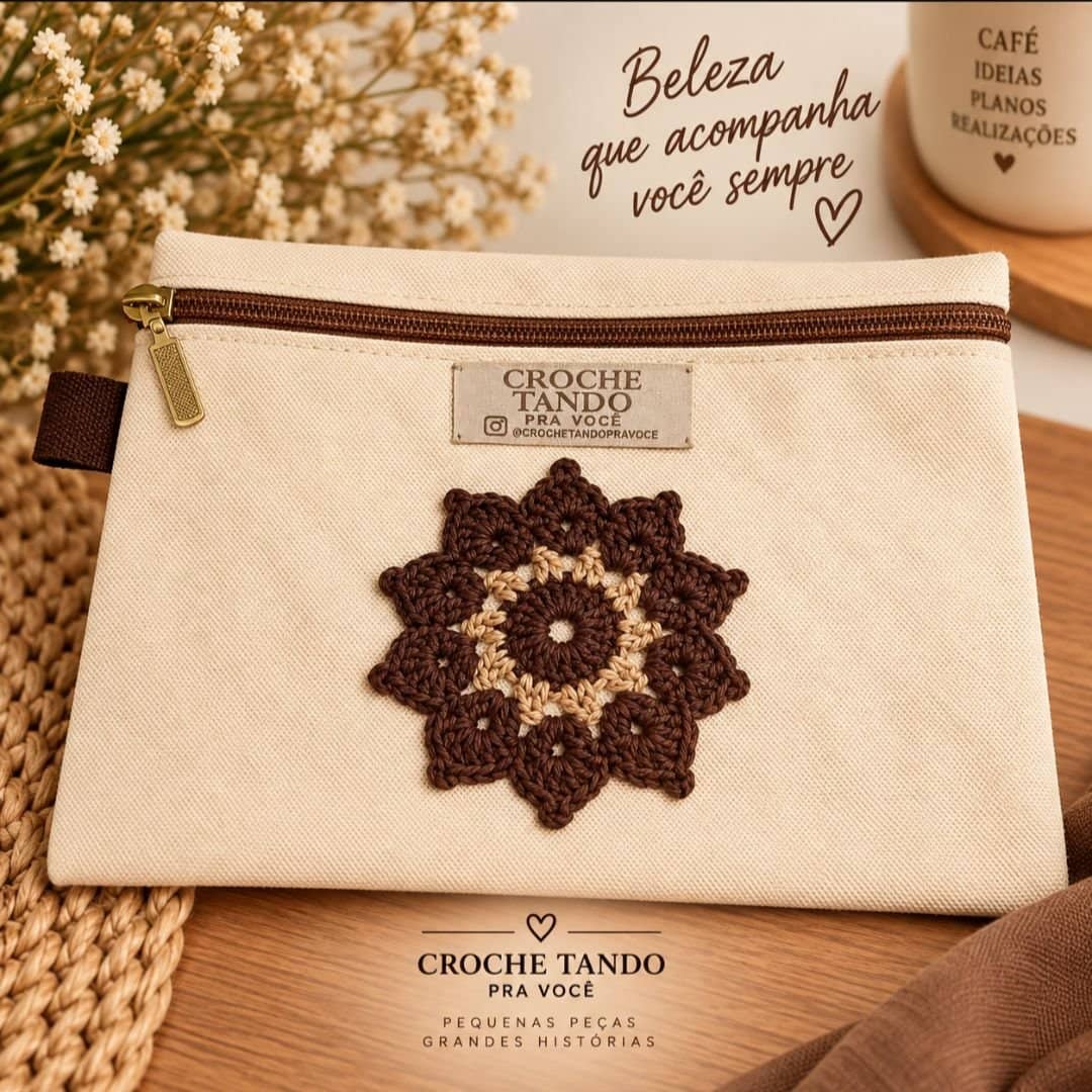 Necessaire 15x20 com aplicação em crochê