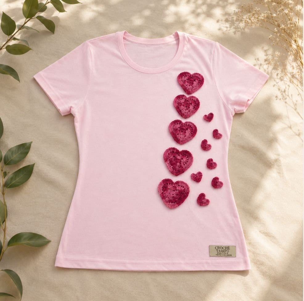 Camiseta Customizada - aplicação em crochê - Foto 1