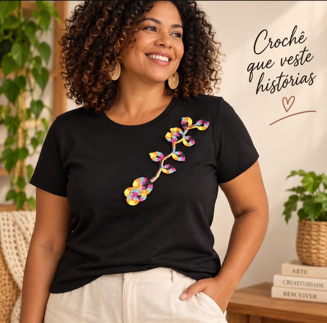 Camiseta Customizada - aplicação em crochê - Foto 3