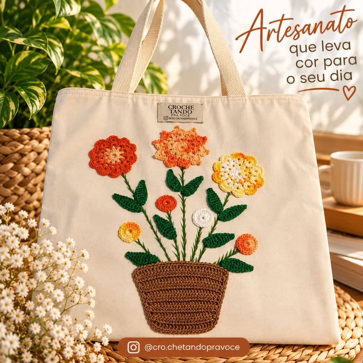 Ecobag com aplicação em crochê 30x40