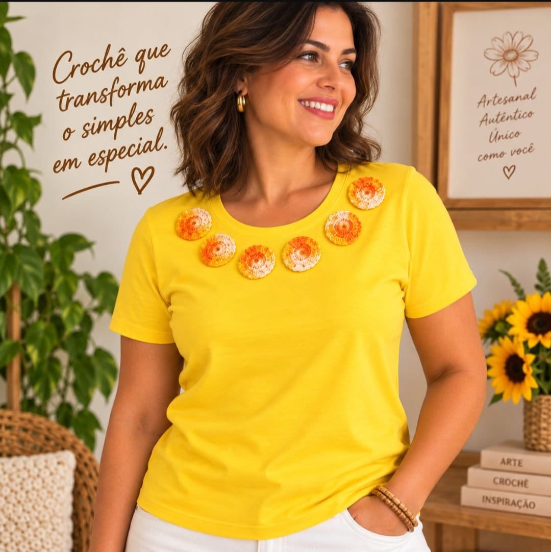 Camiseta Customizada - aplicação em crochê - Foto 2