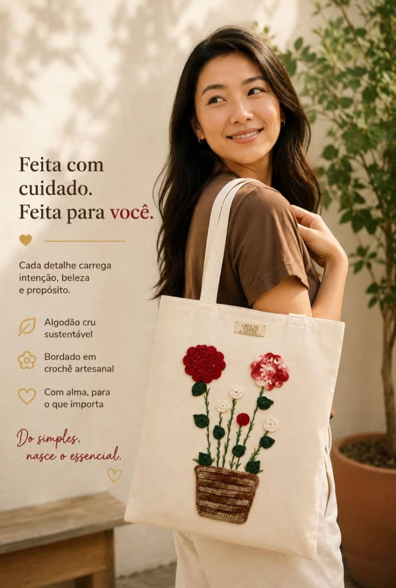 Ecobag com aplicação em crochê 35x40
