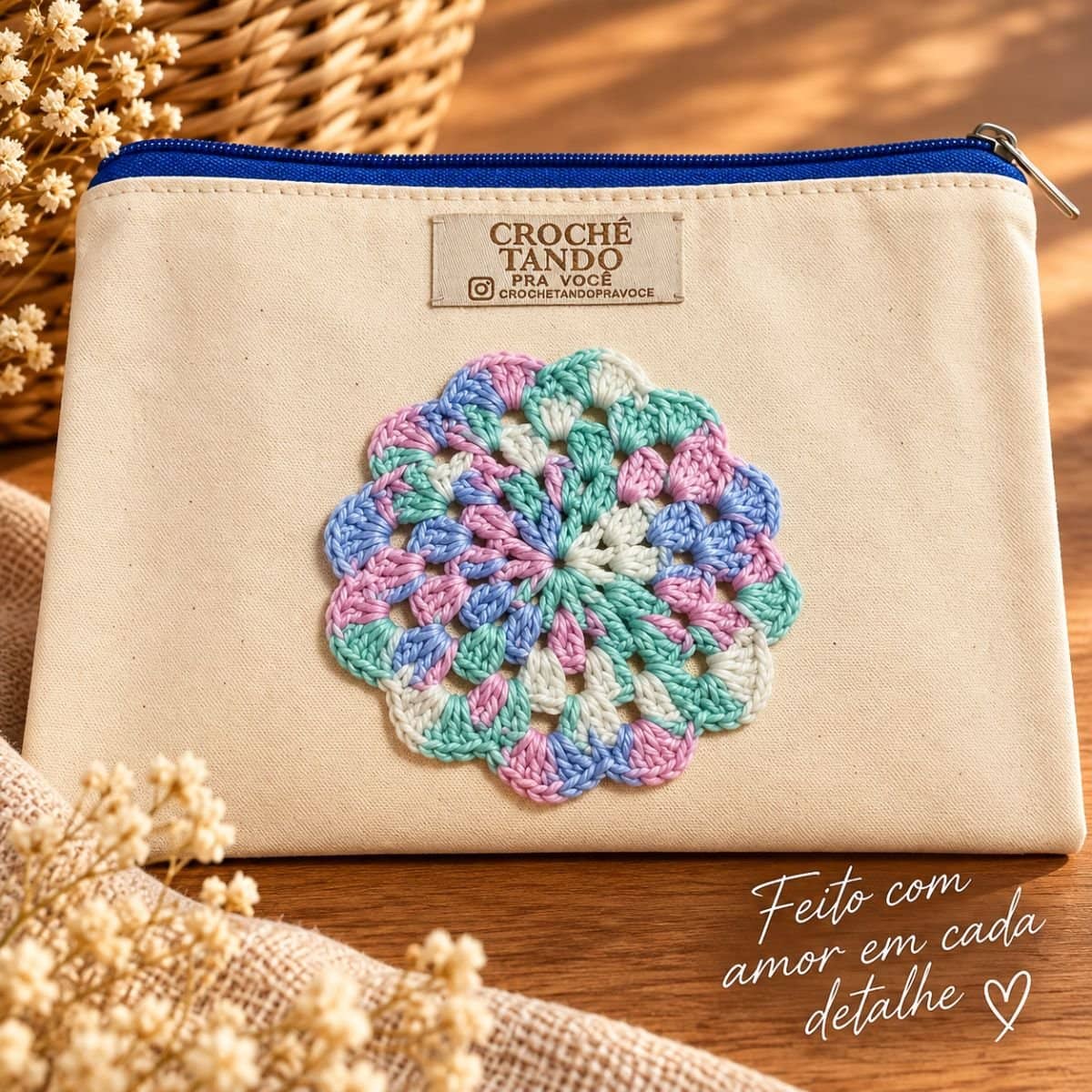 Necessaire 15x20 com aplicação em crochê