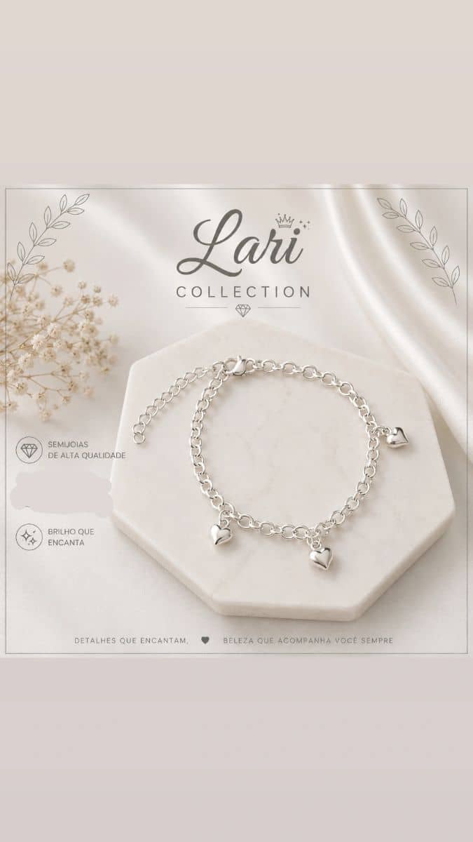 Pulseira 5 corações em prata.