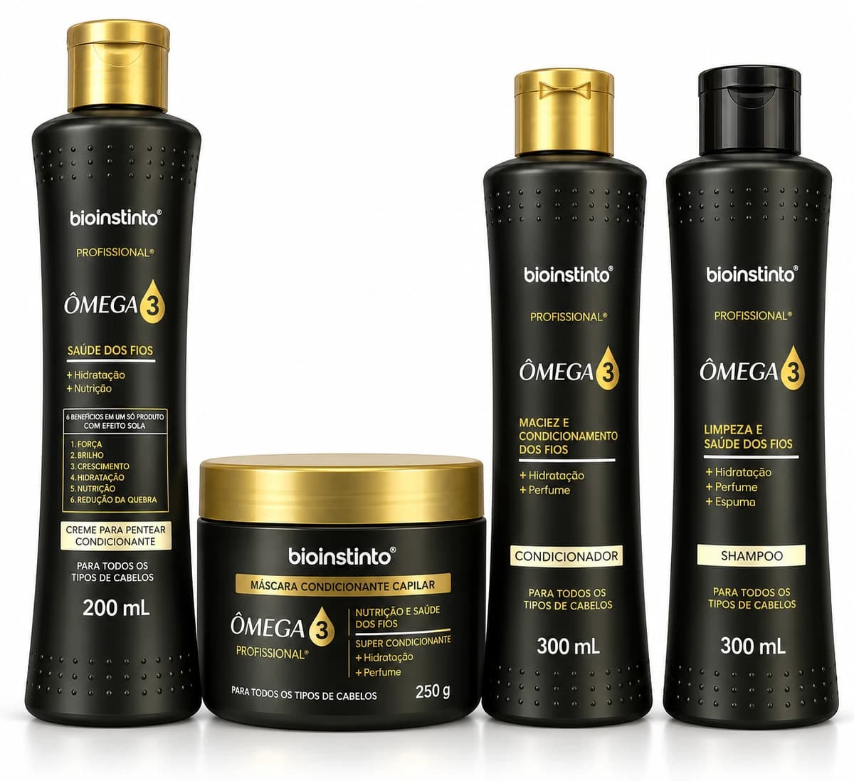 Kit Bio Instinto Ômega 3 Profissional 4 Itens (Shampoo + Condicionador + Máscara + Creme)