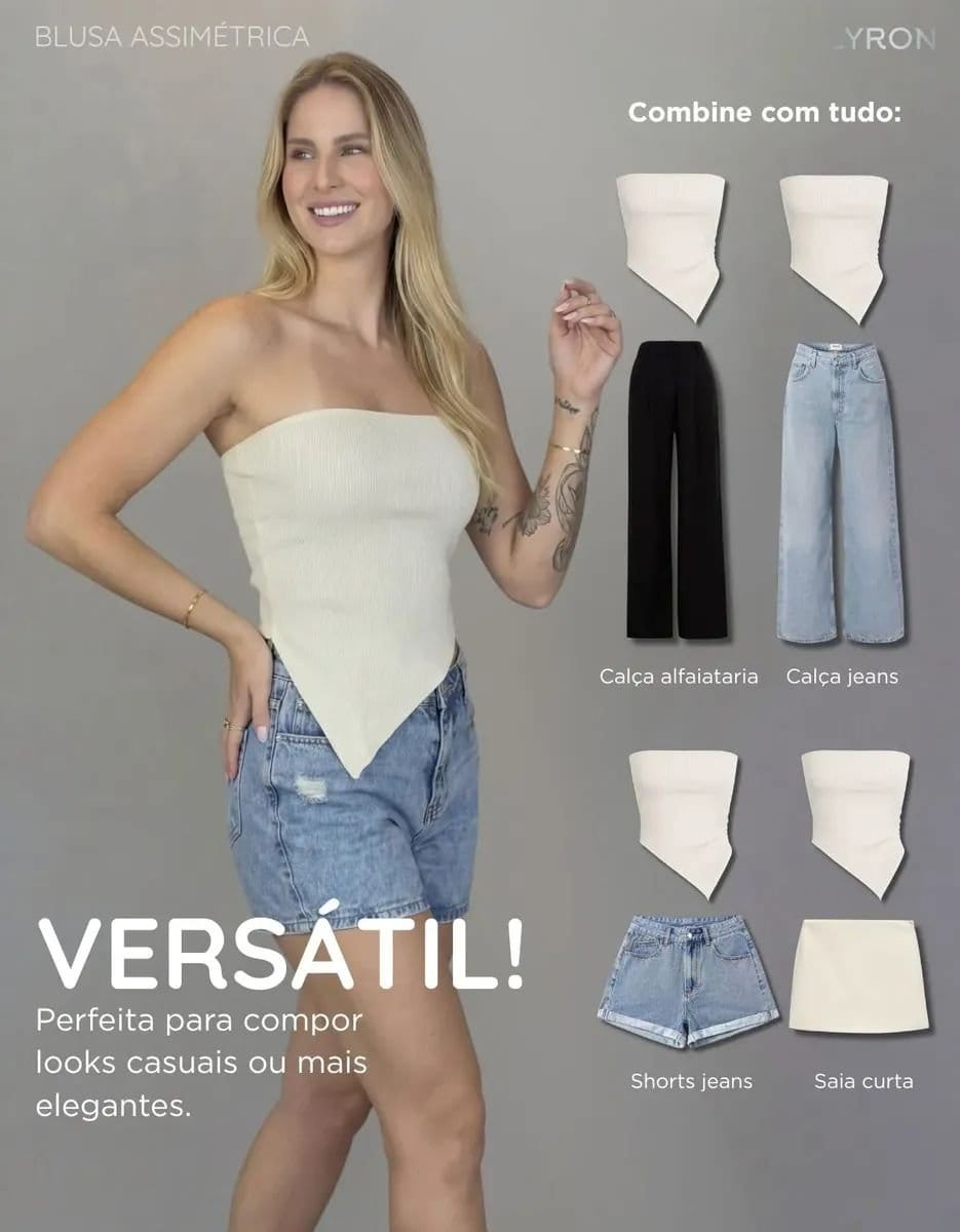 Blusa Assimétrica Feminina Cropped Ribana Lisa Moda Casual - Foto 6