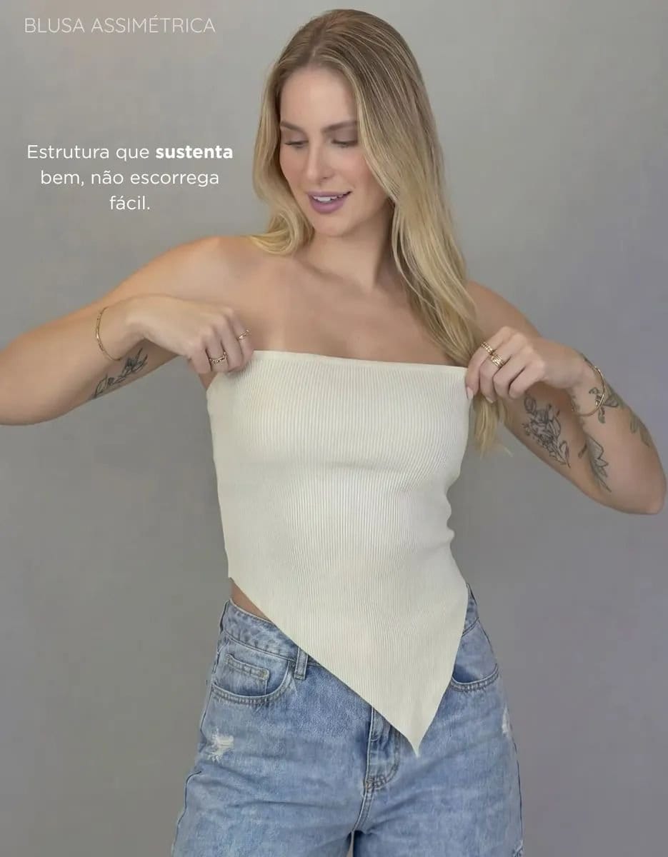 Blusa Assimétrica Feminina Cropped Ribana Lisa Moda Casual - Foto 4