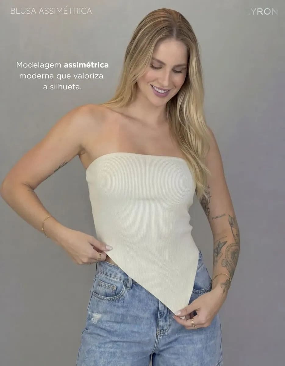 Blusa Assimétrica Feminina Cropped Ribana Lisa Moda Casual - Foto 2