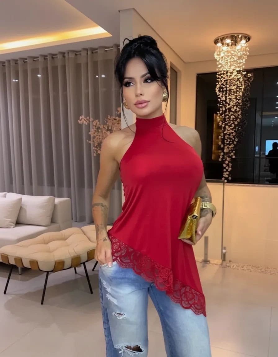 Blusa Feminina Gola Alta Halter Assimétrica Com Bojo E Renda - Foto 5