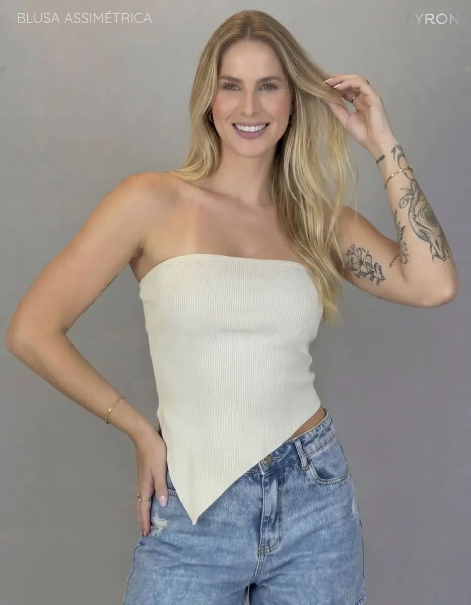 Blusa Assimétrica Feminina Cropped Ribana Lisa Moda Casual - Foto 3