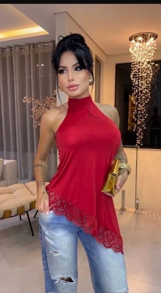 Blusa Feminina Gola Alta Halter Assimétrica Com Bojo E Renda - Foto 2