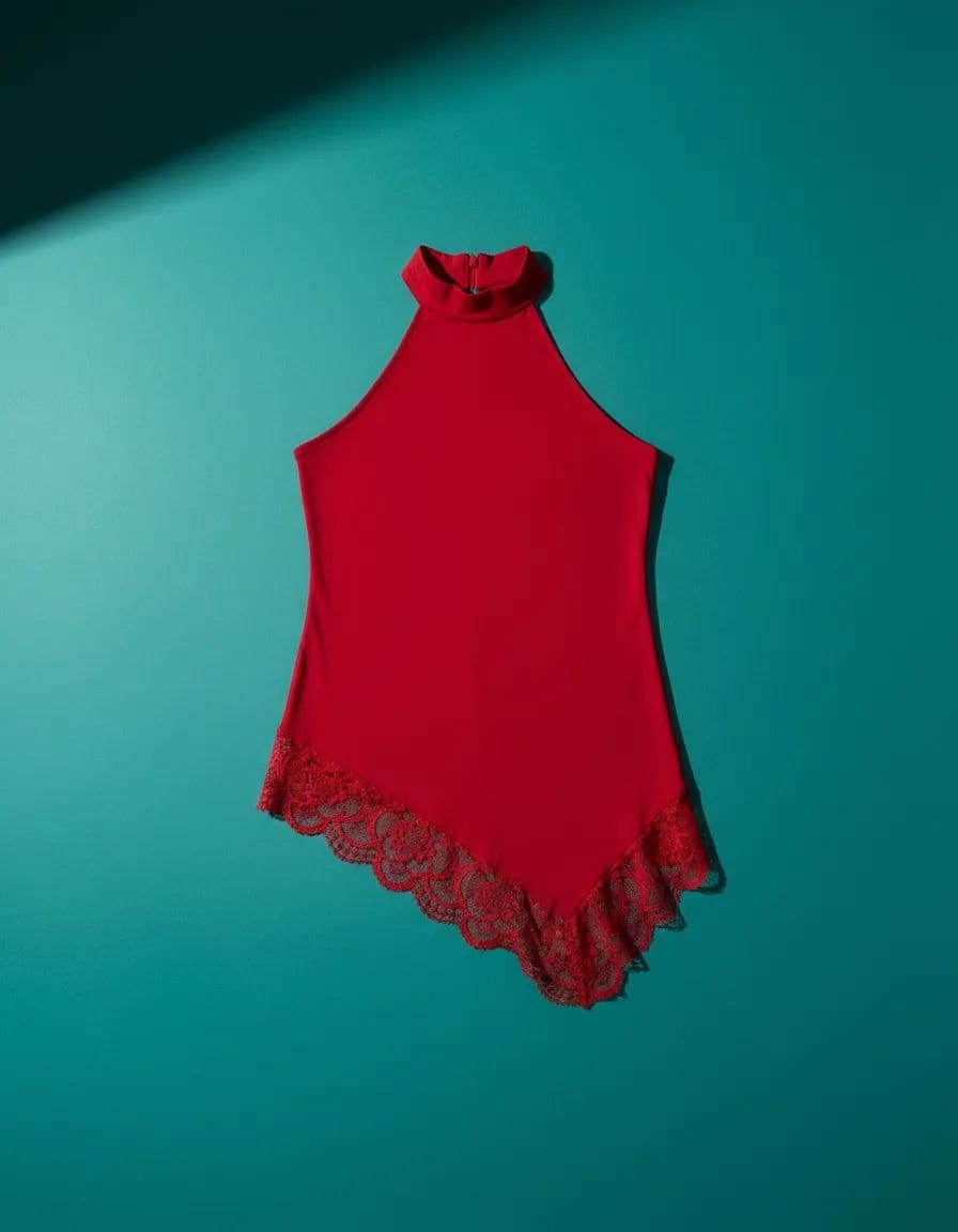 Blusa Feminina Gola Alta Halter Assimétrica Com Bojo E Renda - Foto 4