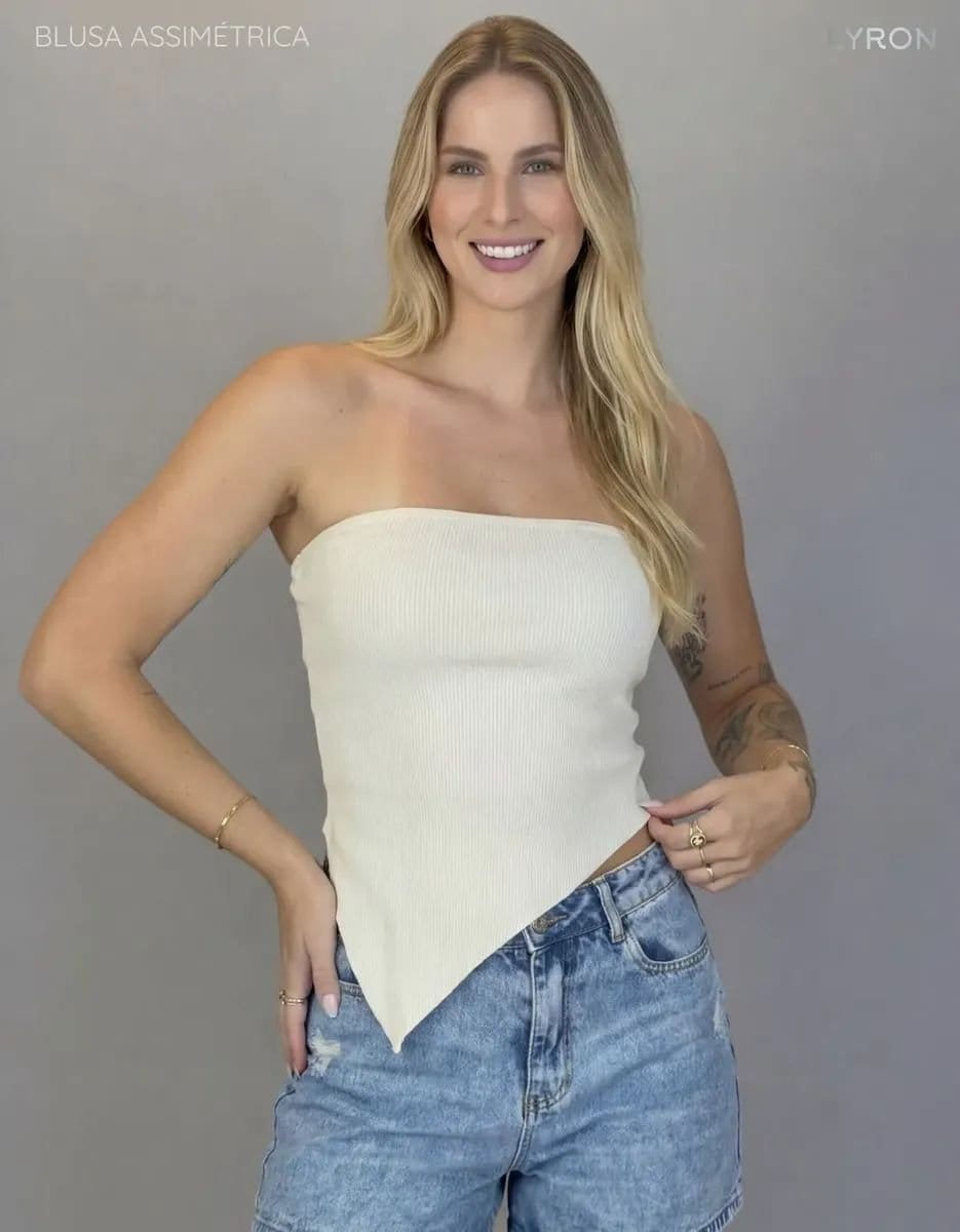 Blusa Assimétrica Feminina Cropped Ribana Lisa Moda Casual - Foto 1