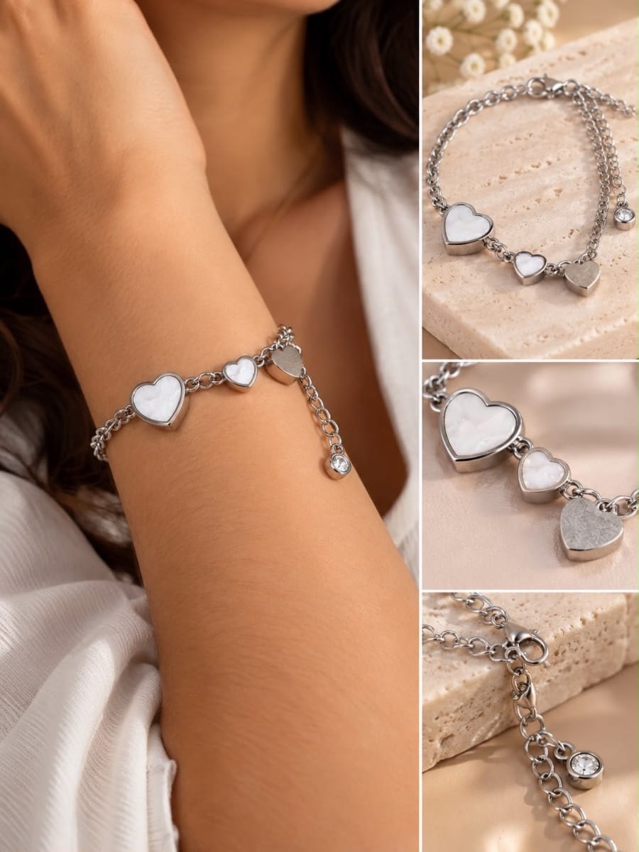 Pulseira de coração na cor prata em aço inoxidável - Foto 1