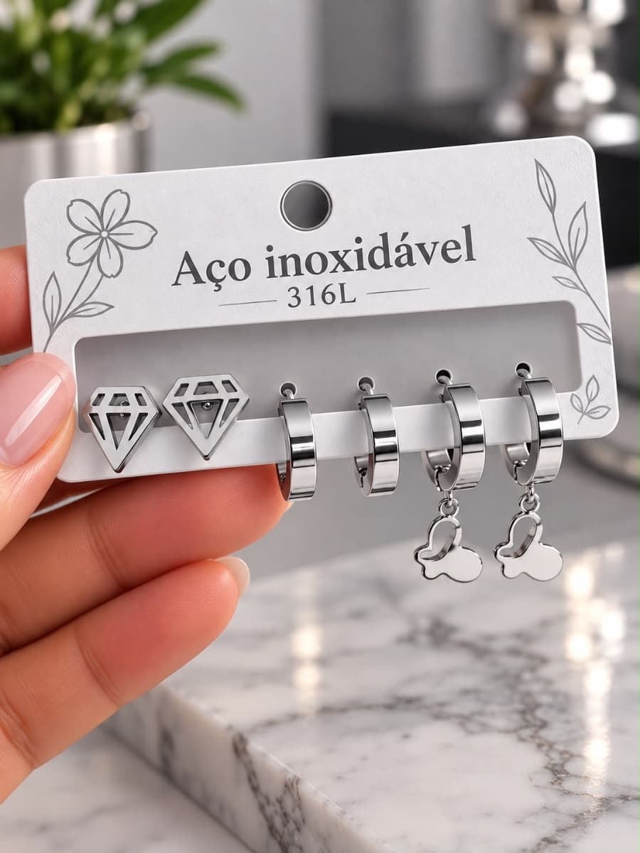 Trio de brincos em aço inoxidável