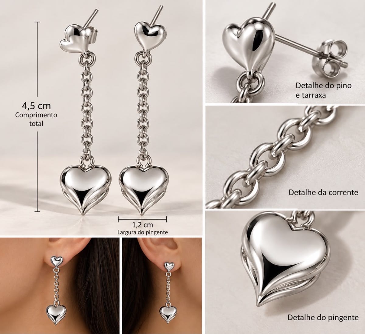 Brinco de coração em aço inoxidável - Foto 1