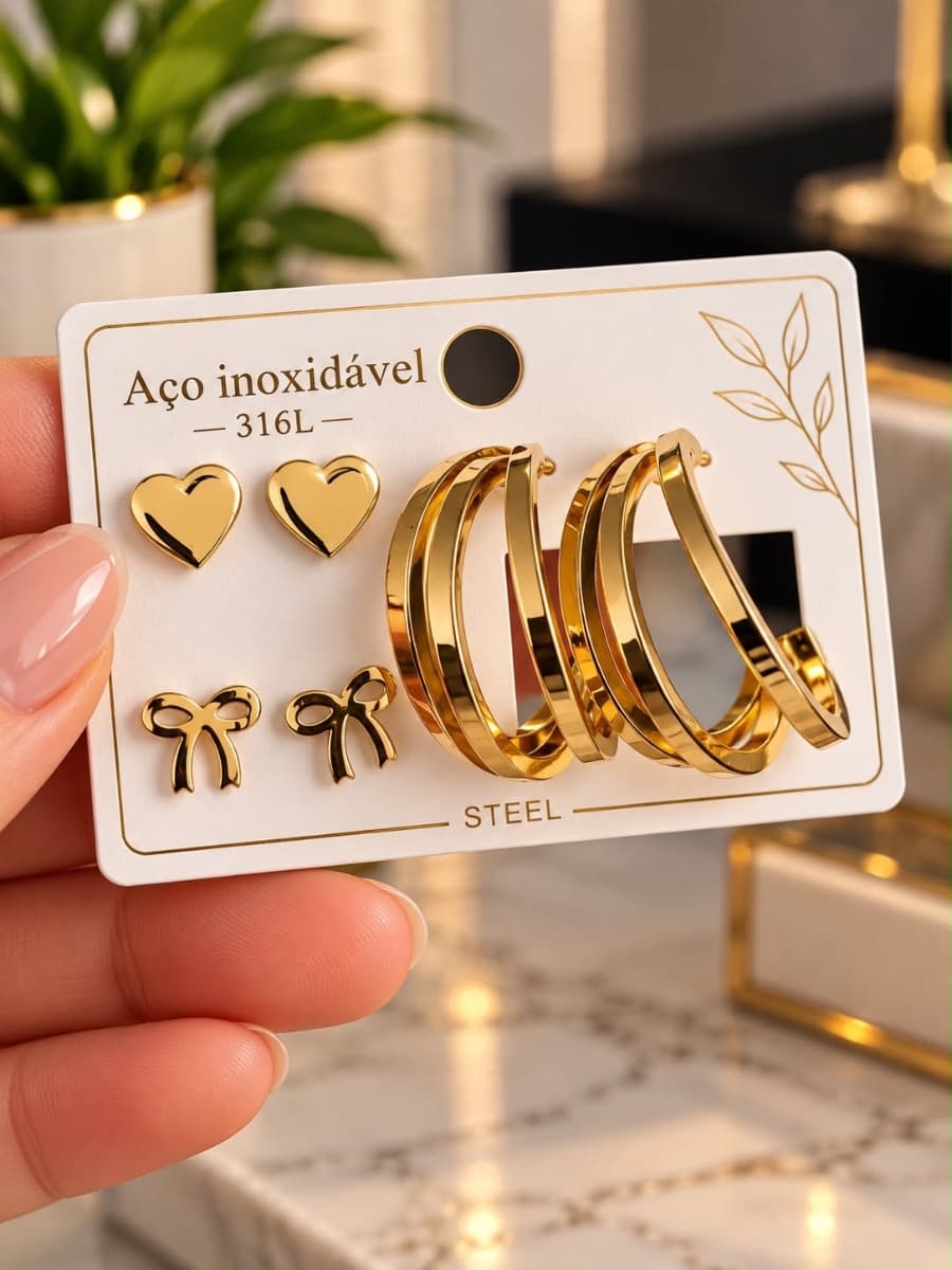 Trio de brincos dourados em aço inoxidável