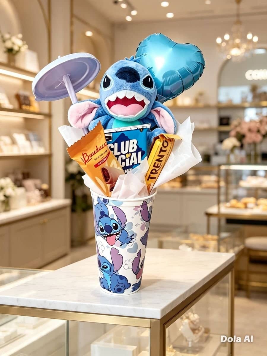 💙 Copo Buquê Stitch — Presente com Fofura e Sabor