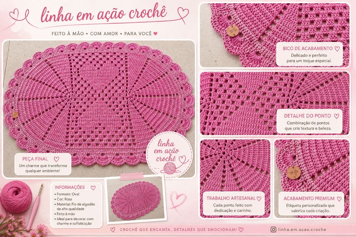 ✨ Tapete Oval em Crochê Rosa ✨ - Foto 2
