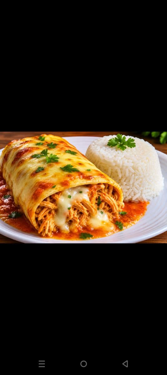 Panqueca de frango bem recheada + porção de arroz soltinho