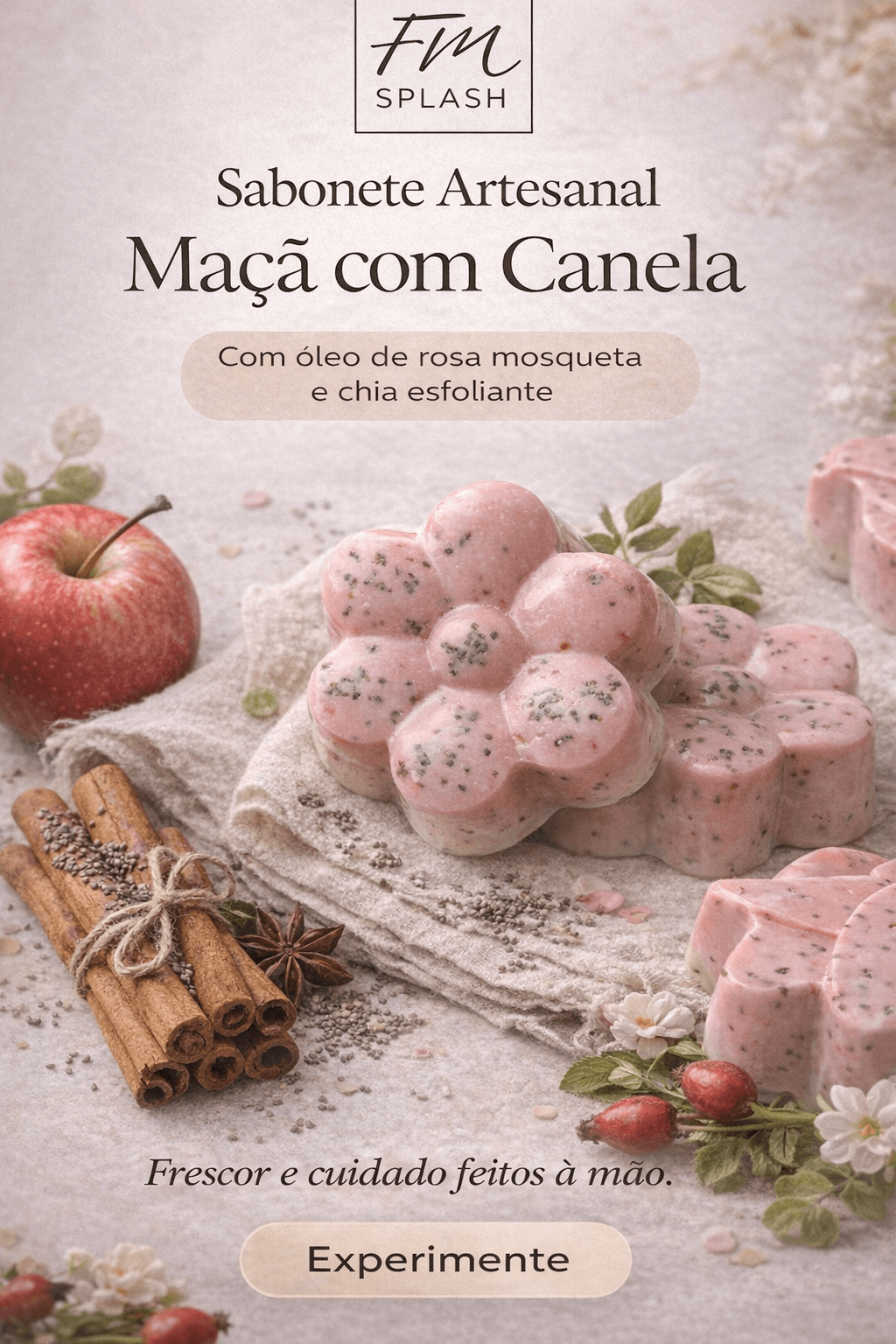 Sabonete Maçã com Canela Transforme seu banho em um momento de cuidado e bem-estar com esse sabonete artesanal feito à mão. Com fragrância envolvente de maçã com canela, proporciona uma sensação aconchegante e relaxante. Enriquecido com óleo de rosa mosqueta, auxilia na nutrição e maciez da pele, enquanto as sementes de chia promovem uma esfoliação suave, ajudando na renovação da pele. Sua base glicerinada limpa delicadamente sem ressecar, mantendo a hidratação natural. ✨ Benefícios: • Hidrata e não resseca • Deixa a pele macia e perfumada • Promove esfoliação suave • Auxilia na renovação da pele • Aroma quente e relaxante 🎁 Ideal para uso diário ou para presentear Frescor e cuidado feitos à mão